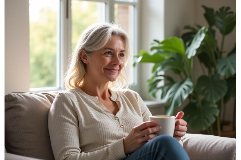Młoda kobieta w średnim wieku uśmiecha się, trzymając kubek i patrząc przez okno, otoczona roślinami doniczkowymi, symbolizująca wellness i spokój.