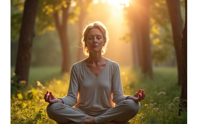 Kobieta medytująca w spokojnym lesie, otoczona delikatnym światłem, symbolizująca wewnętrzny spokój i zarządzanie stresem
