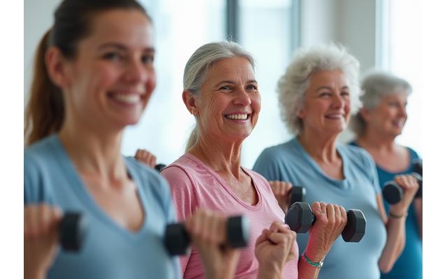 Grupa radosnych seniorów ćwiczących na siłowni, podnoszących lekkie ciężary i uśmiechających się, symbolizujących aktywność fizyczną w starszym wieku