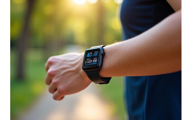 Zbliżenie na opaskę fitness inteligentnego zegarka na nadgarstku osoby biegnącej, z rozmazanym tłem parku, symbolizujące technologię zdrowia i aktywność fizyczną