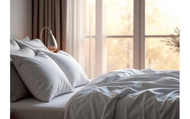 Spokojna sypialnia z dużym, czystym łóżkiem i miękkimi poduszkami, wpadającym delikatnym światłem, symbolizująca idealne warunki do snu