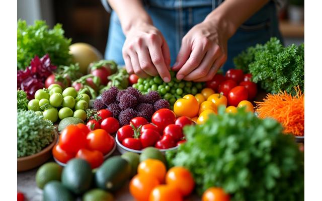 Kolorowe, świeże warzywa i owoce na drewnianym stole, z rękami osoby przygotowującej posiłek, symbolizujące zdrowe odżywianie