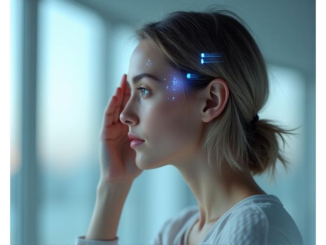 Osoba koncentruje się, dotykając głowy, z futurystycznymi interfejsami graficznymi wokół, symbolizując biohacking i optymalizację umysłu