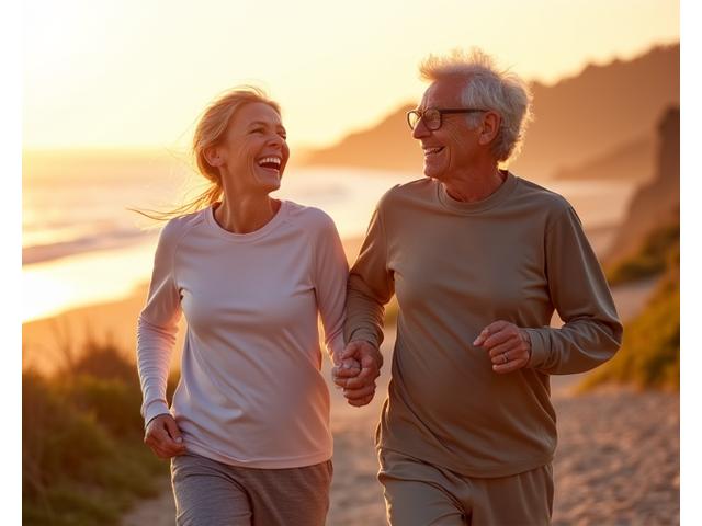 Starszy mężczyzna i kobieta uśmiechają się, biegnąc po plaży, symbolizując aktywne starzenie się i długowieczność