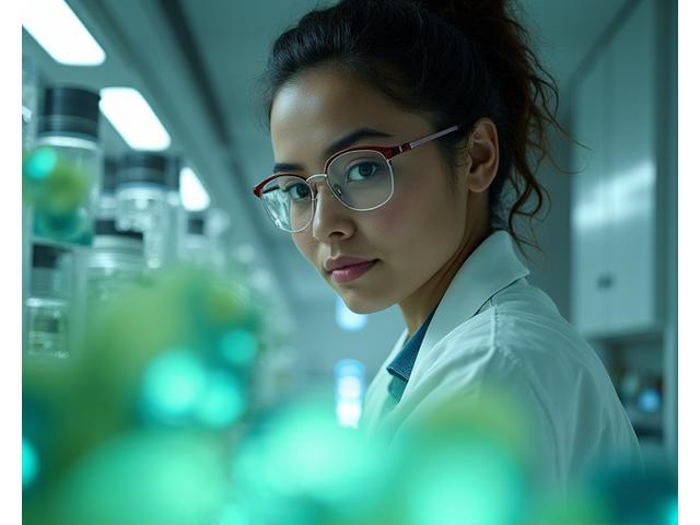 Zbliżenie na naukowca w laboratorium, analizującego próbki mikroskopem, otoczonego zielonym światłem, symbolizującym badania mikrobiomu jelitowego