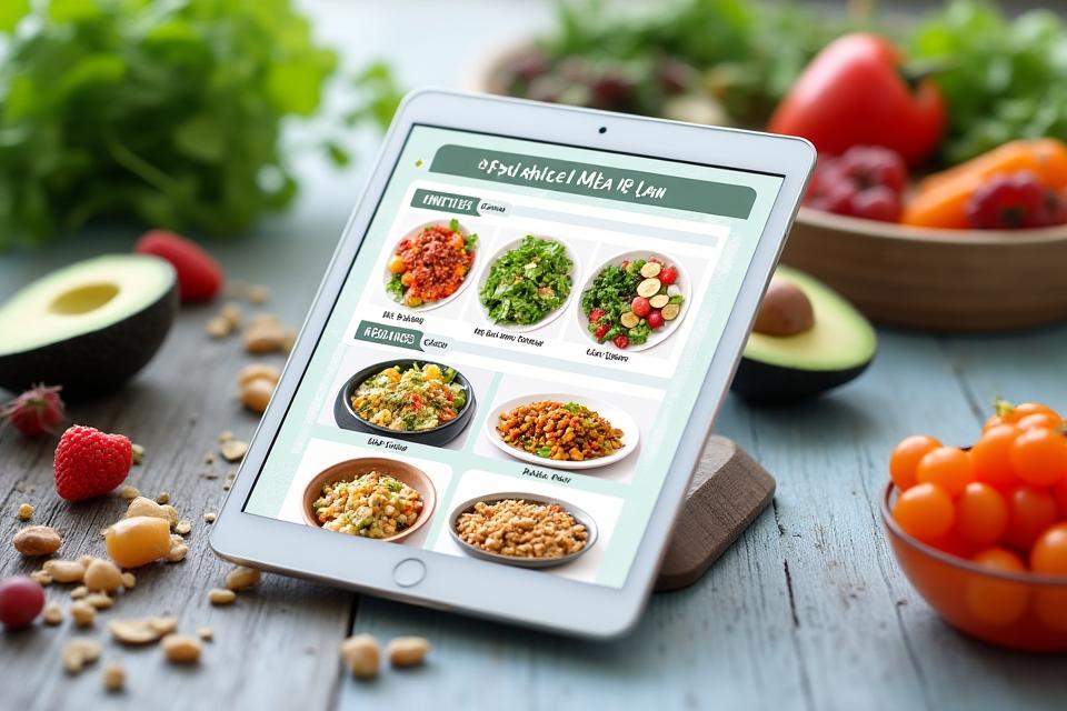 Spersonalizowany plan posiłków wyświetlany na tablecie, zawierający propozycje dań dostosowanych do metabolicznego profilu użytkownika.