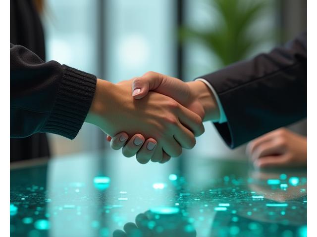 Uścisk dłoni dwóch osób przez szklany stół z podświetlonymi ikonami cyfrowymi, symbolizujący umowę i warunki świadczenia usług technologicznych.
