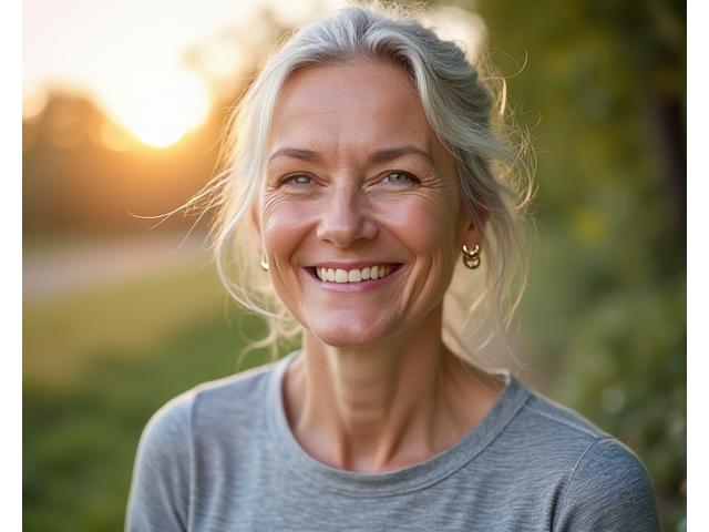 Zdjęcie Anny, uśmiechniętej kobiety 50+, przed i po transformacji wellness.