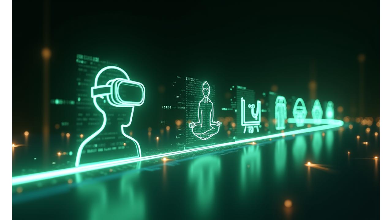 Wizualizacja osi czasu z ikonami przyszłych technologii wellness, takich jak VR, AR, Blockchain i smart home