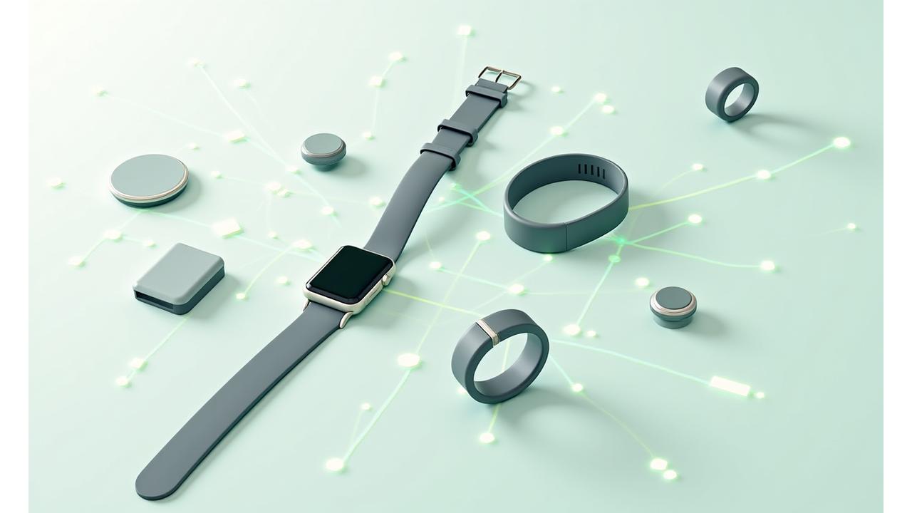 Różne urządzenia wearable (smartwatch, opaska fitness, pierścień do snu) połączone siecią informatyczną