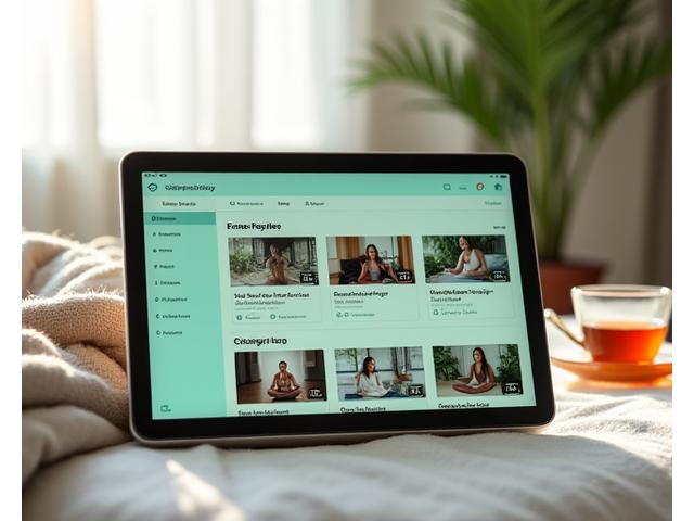 Ekran tabletu wyświetlający bibliotekę nagrań warsztatów wellness, z ikonami wyszukiwania i filtrowania.