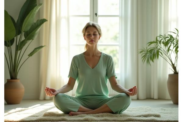 Osoba medytująca w spokojnym otoczeniu, symbolizująca mindfulness i medytację.